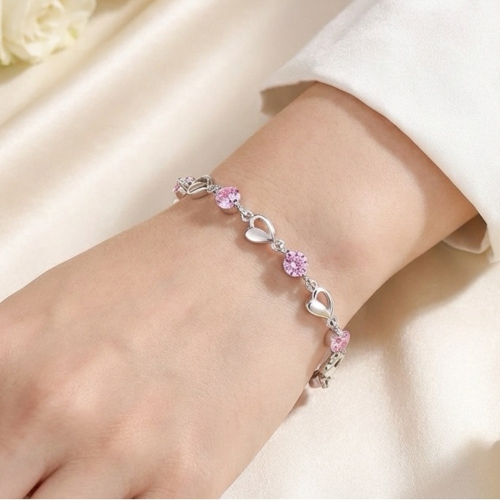 Pink Crystal Heart Link Bracelet | Silver Tone | Adjustable Sparkle